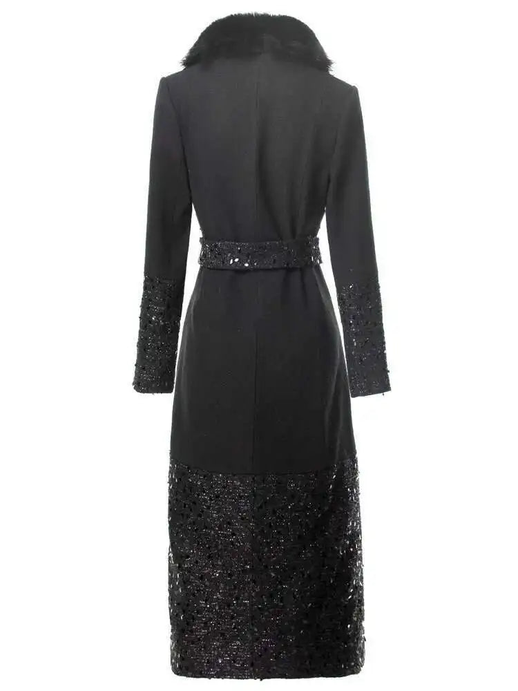 Long Sequin Fur Black Coat - Festigal
