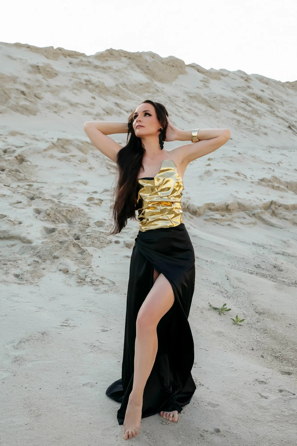 Liquid Gold & Black Satin Maxi Dress