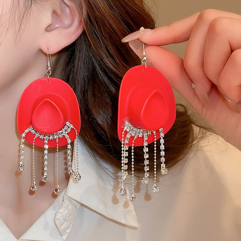 Rhinestone Cowgirl Hat Tassel Earrings