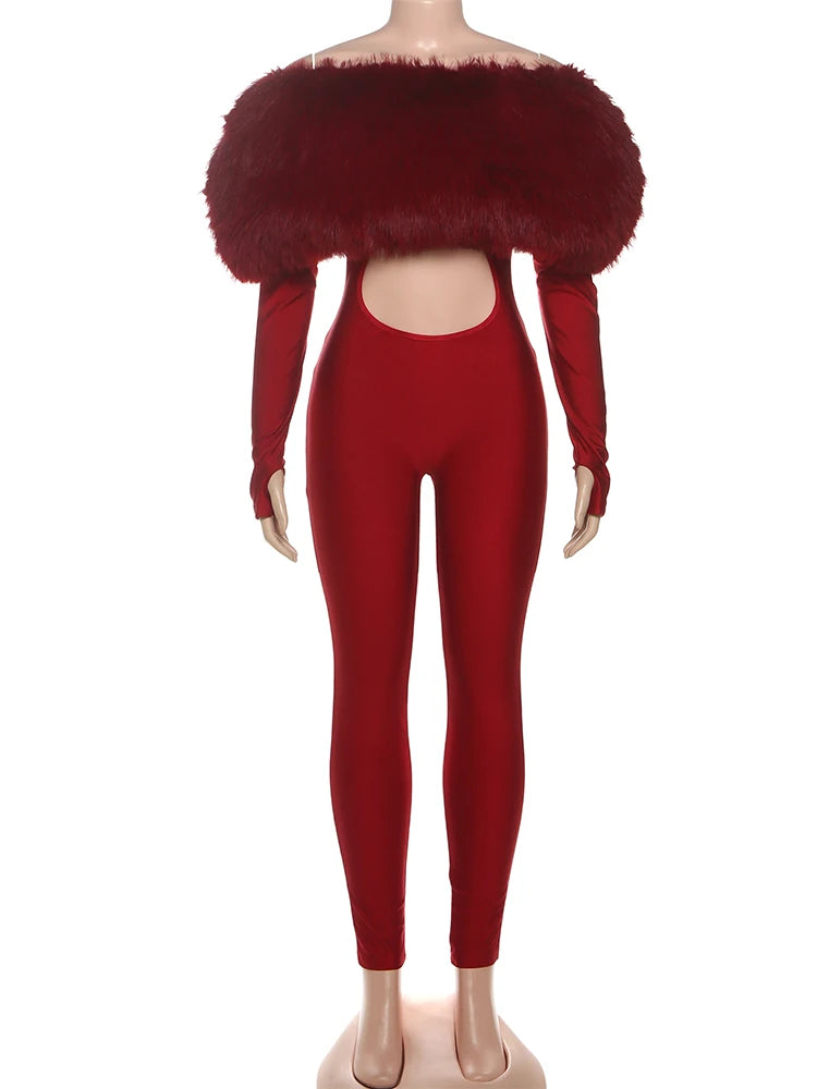 Fur Cut Out Wet Look Bodysuit