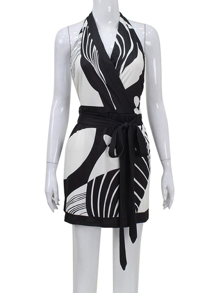 Monochrome V Neck A-Line Dress - Festigal