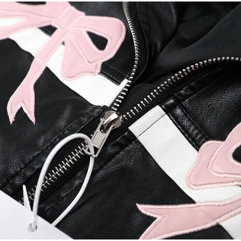 Pink Bow Motorcycle PU Leather Jacket - Festigal