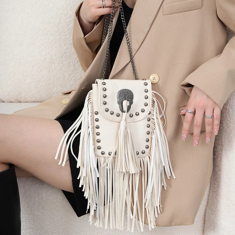 Skull Rivet Tassel Crossbody Bag