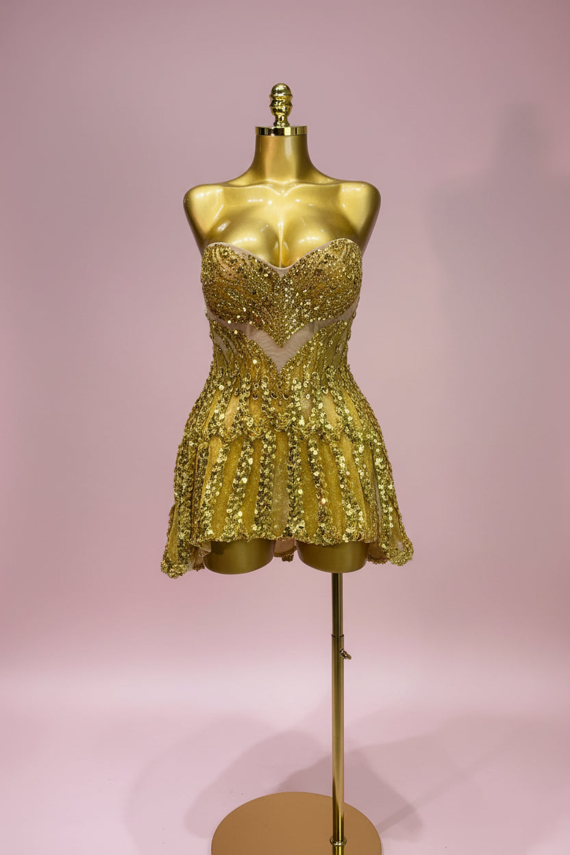 Gold Sweetheart Sequin A-Line Dress