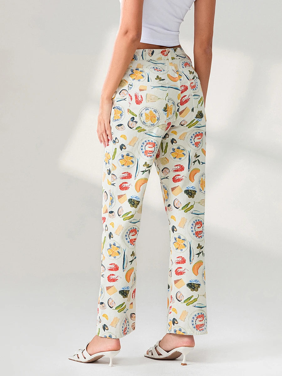 Food Print Straight Leg Trousers - Festigal