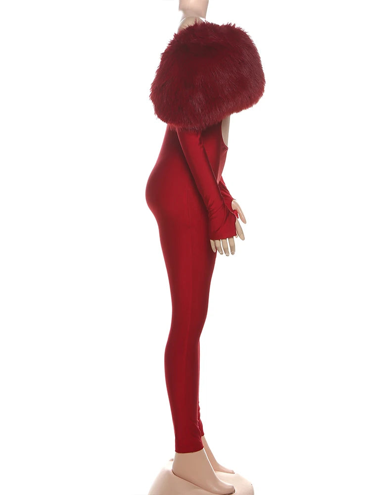 Fur Cut Out Wet Look Bodysuit