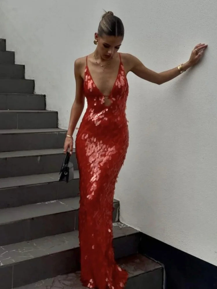 Red Sequin Maxi Dress - Festigal