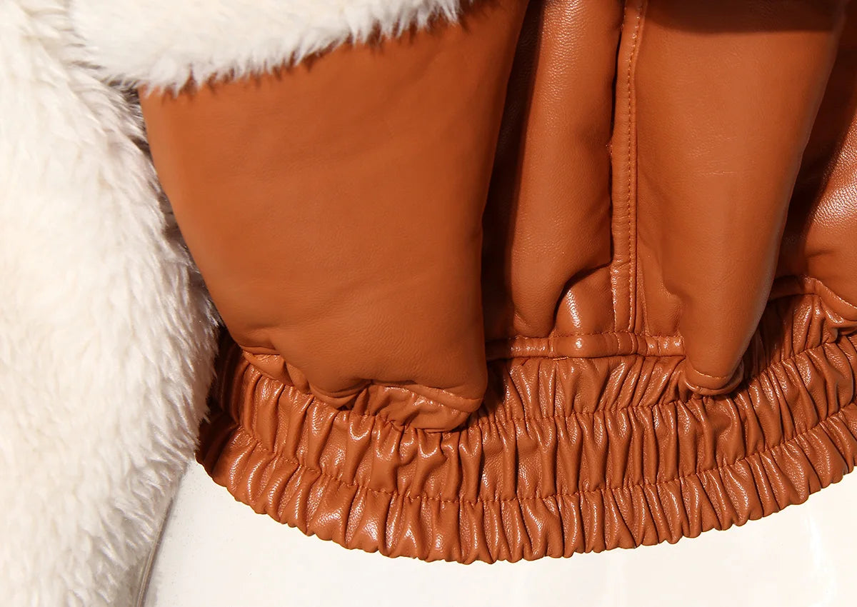 Faux Leather Patchwork Bomber Jacket - Festigal