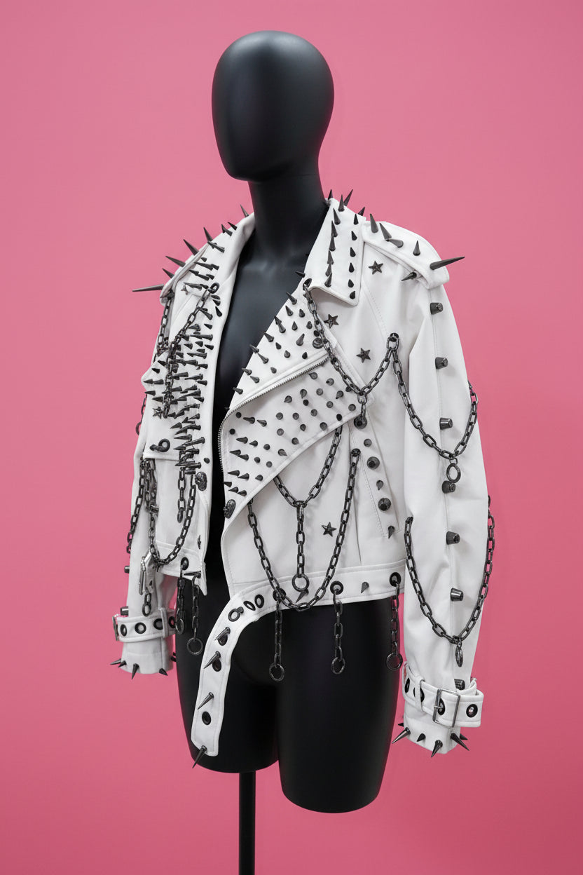 White Faux Leather Spiked Jacket