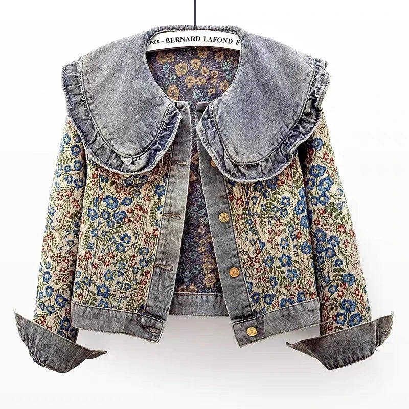 Oversized Collar Floral Denim Jacket - Festigal
