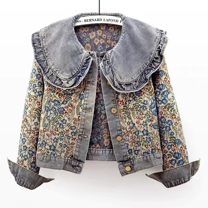 Oversized Collar Floral Denim Jacket - Festigal