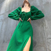 Lace-Up Lantern Sleeve Midi Dress