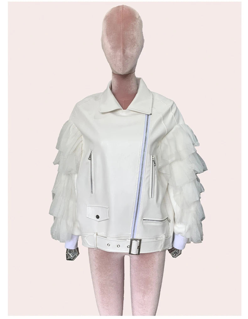 Faux Leather Ruffle Sleeve Jacket - Festigal