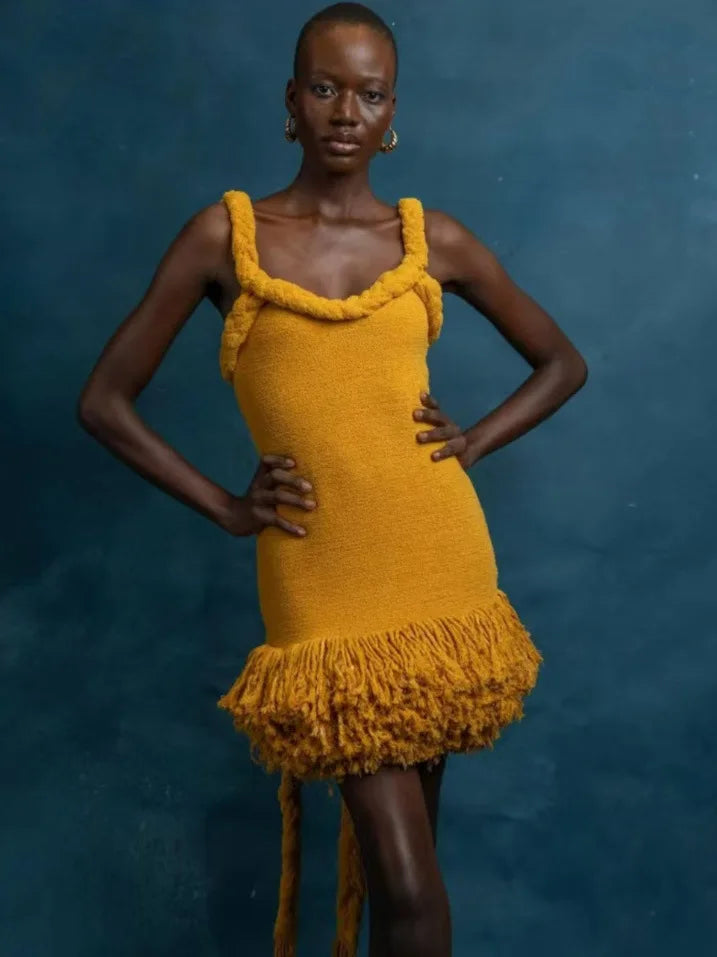 Orange Braided Fluffy Trim Dress