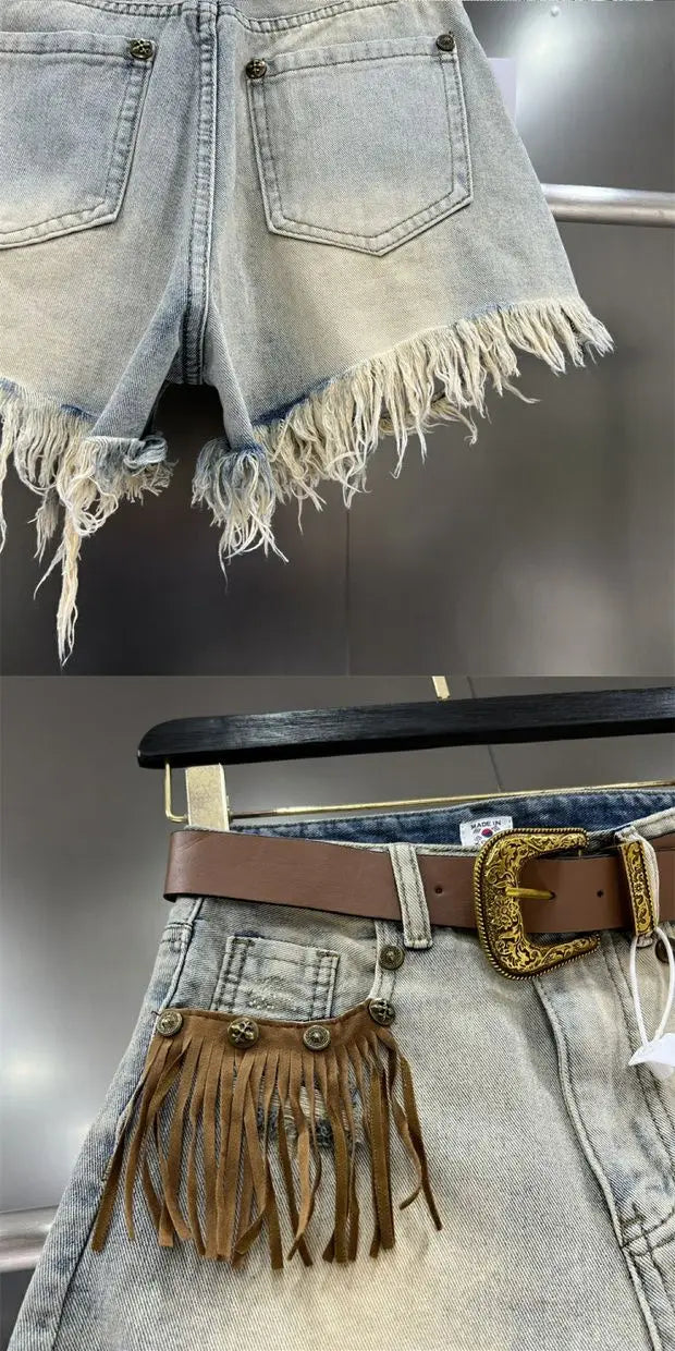 Denim Distressed Tassel Shorts