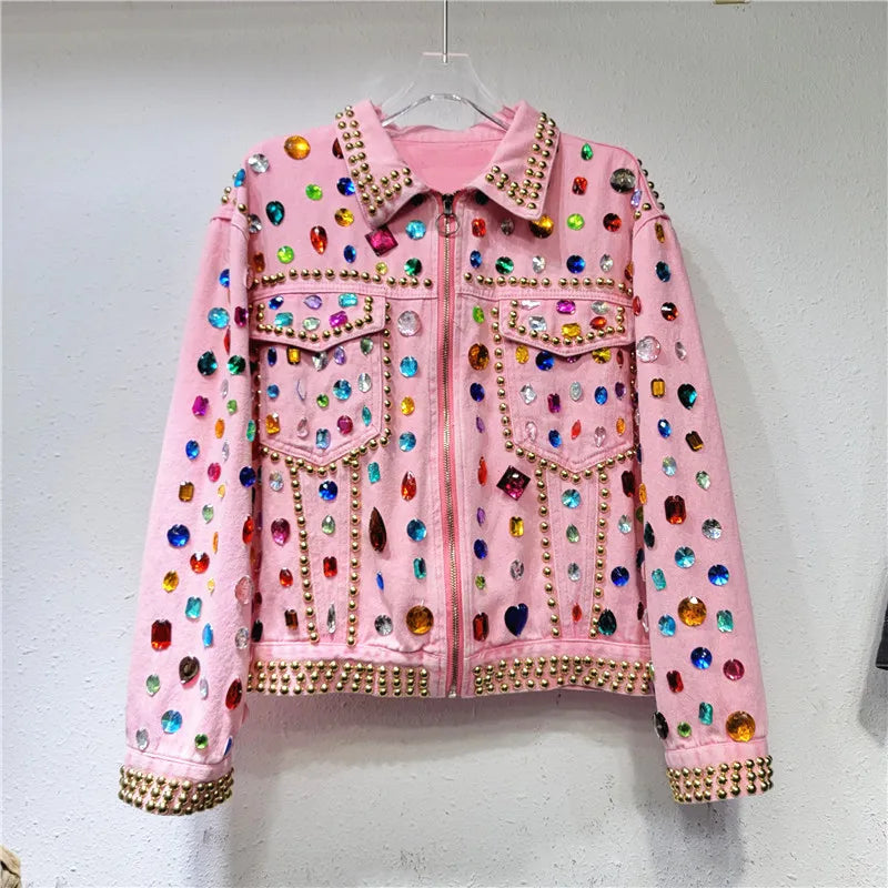 Gem Embellished Pink Denim Jacket - Festigal