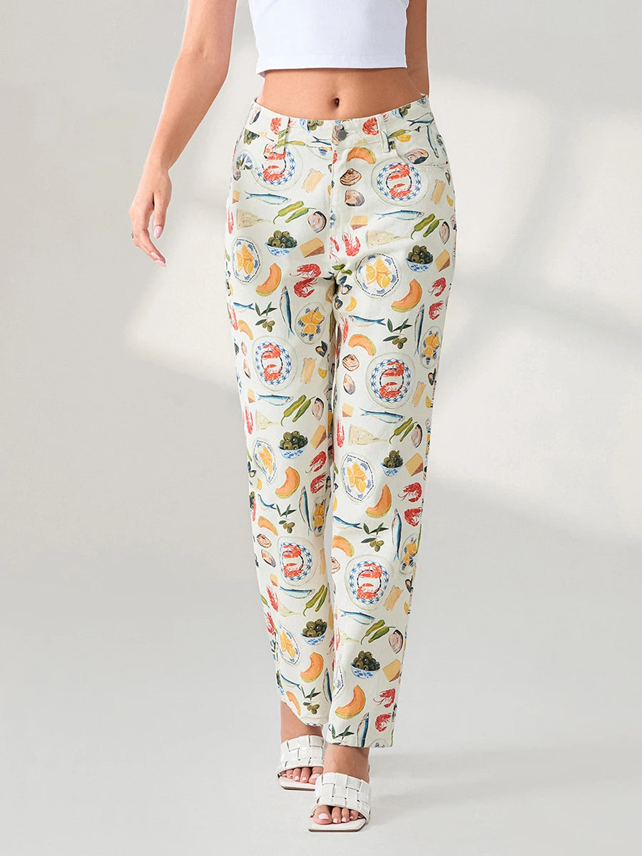 Food Print Straight Leg Trousers - Festigal