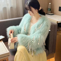 Women's Faux Fur Blue Sequin Tassel Jacket