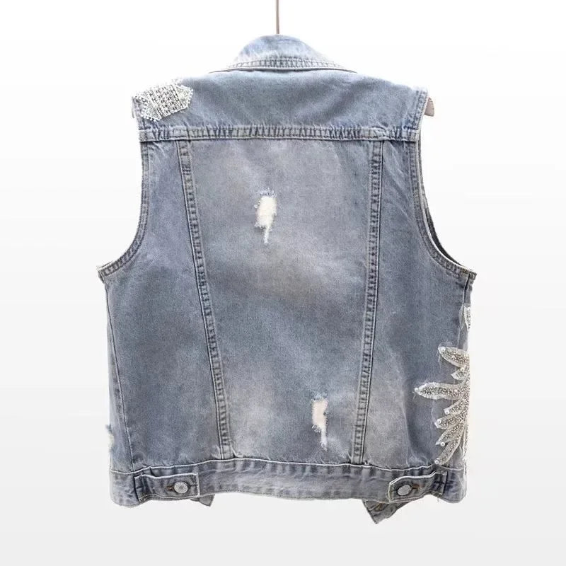 Embroidered Pearly Beaded Denim Vest - Festigal