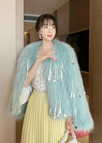 Women's Faux Fur Blue Sequin Tassel Jacket