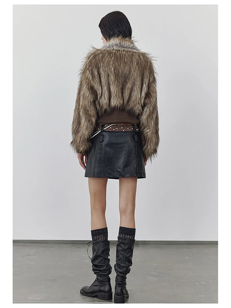 Brown Shaggy Faux Fur Coat - Festigal
