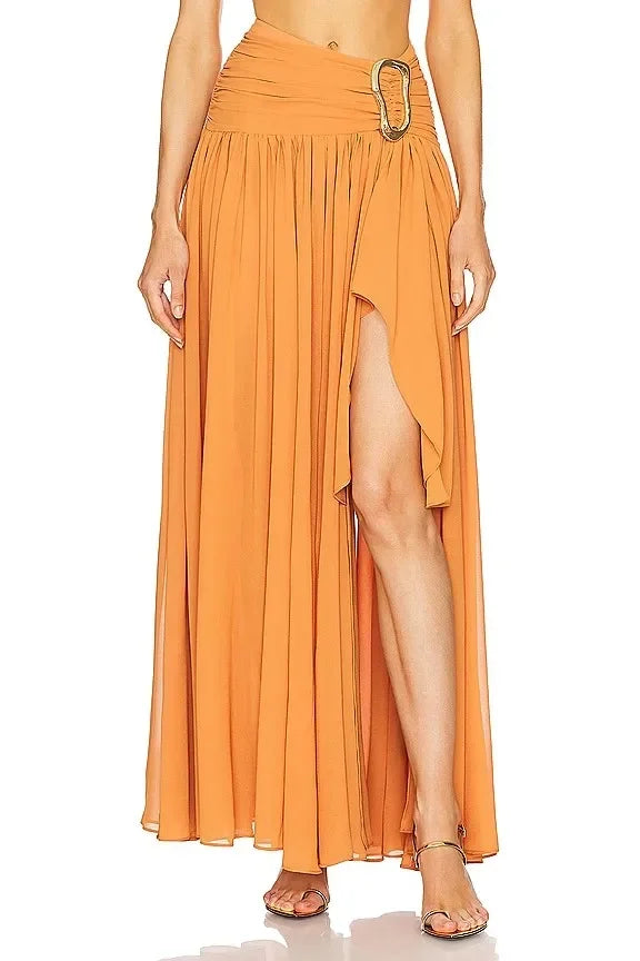 Orange Lantern Sleeve Maxi Skirt Two Piece Set