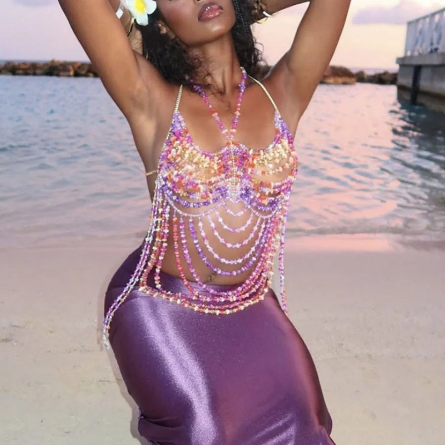 Beaded Tassel Chain Halter Neck Top