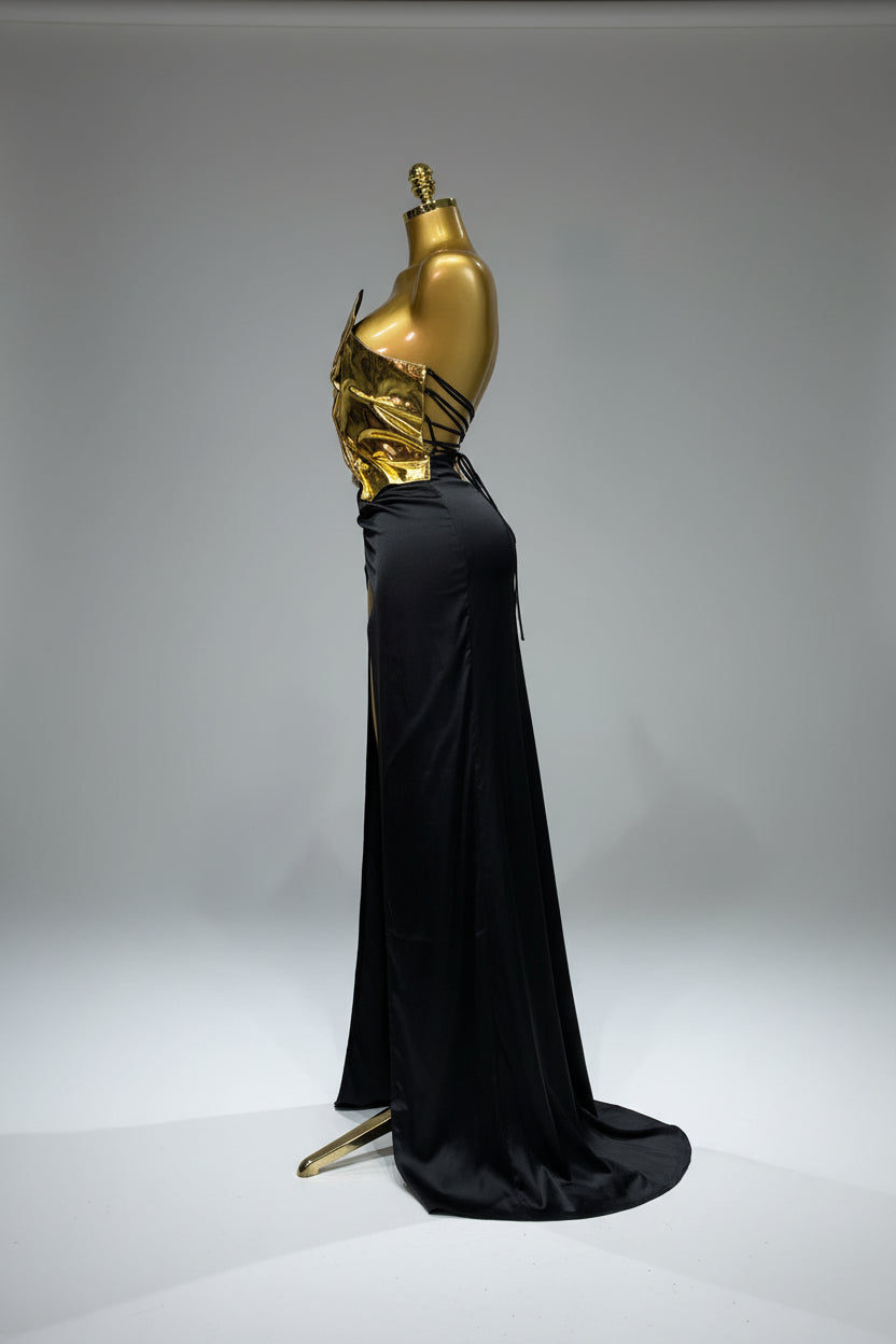 Liquid Gold & Black Satin Maxi Dress
