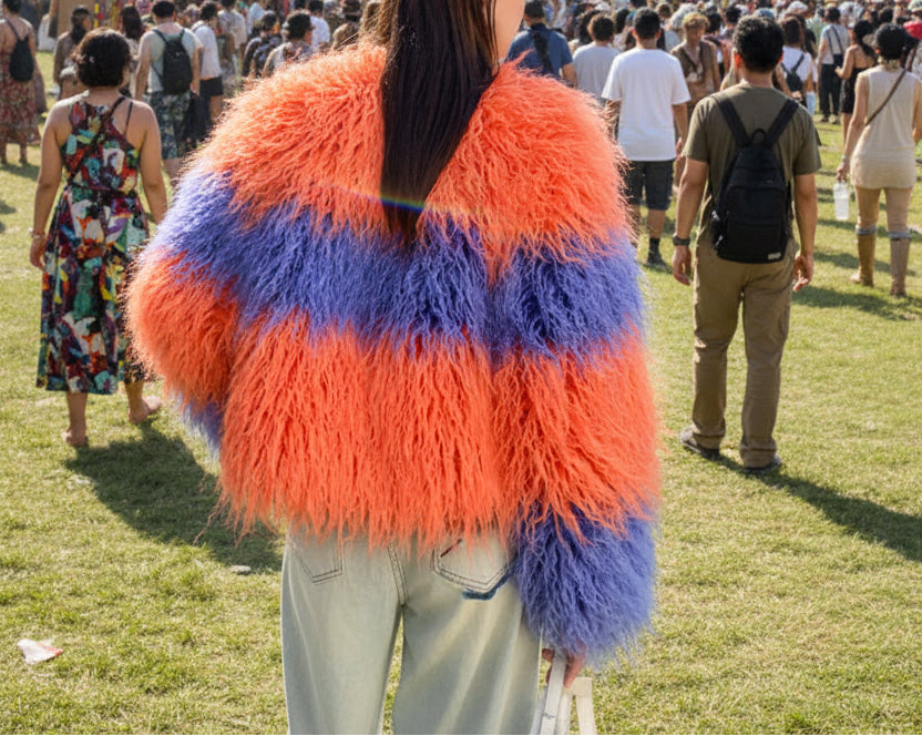 Rainbow Striped Shaggy Faux Fur Coat