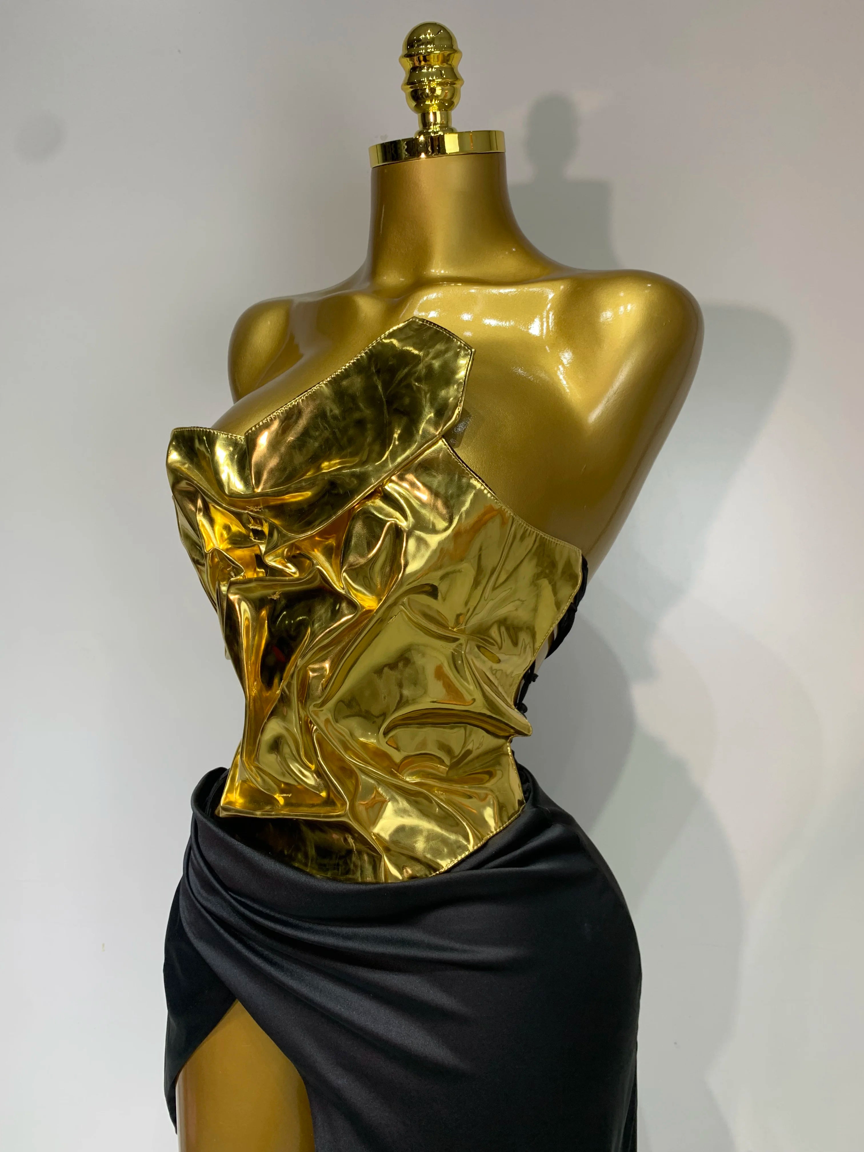 Liquid Gold & Black Satin Maxi Dress