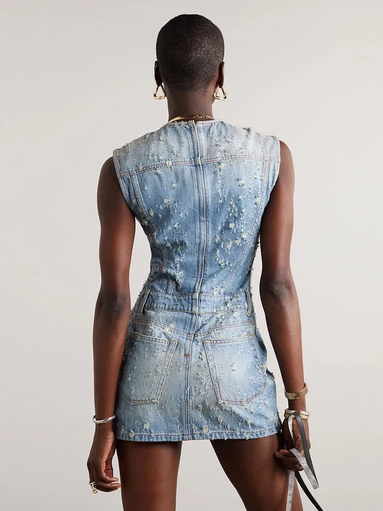 Distressed Denim A-Line Dress - Festigal
