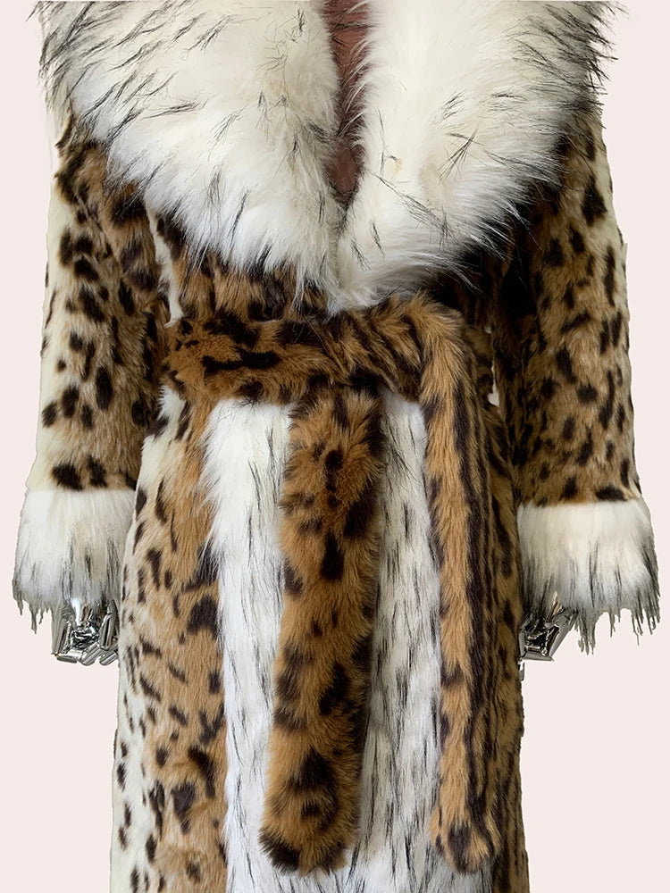 Long Faux Fur Leopard Print Coat - Festigal
