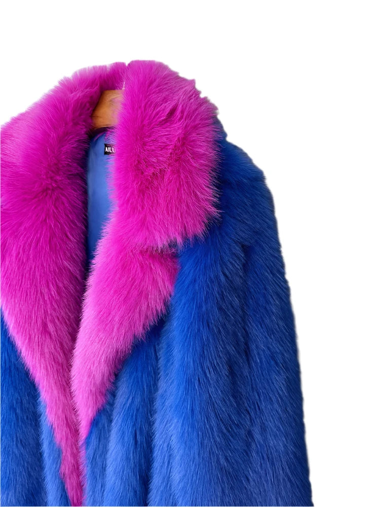 Blue and Pink Contrast Long Faux Fur Coat