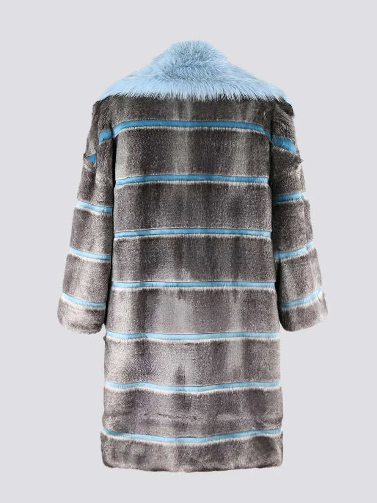 Grey and Blue Striped Faux Fur Coat - Festigal