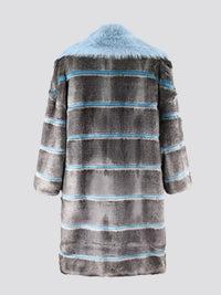 Grey and Blue Striped Faux Fur Coat