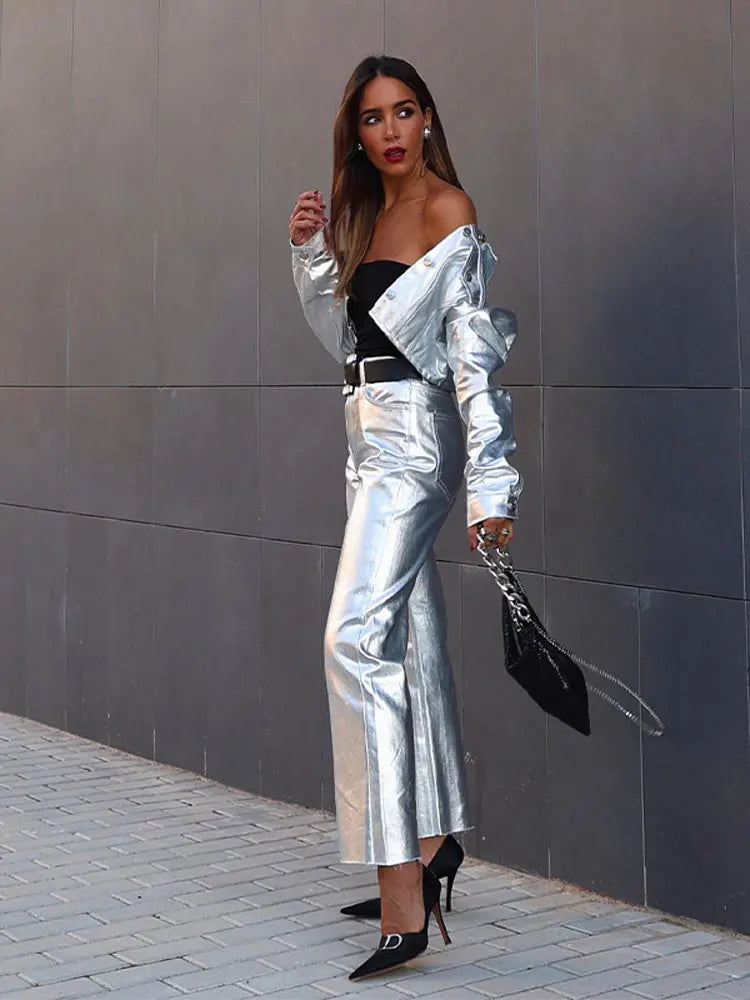 Metallic Look Jacket & Pants Two Piece Set - Festigal