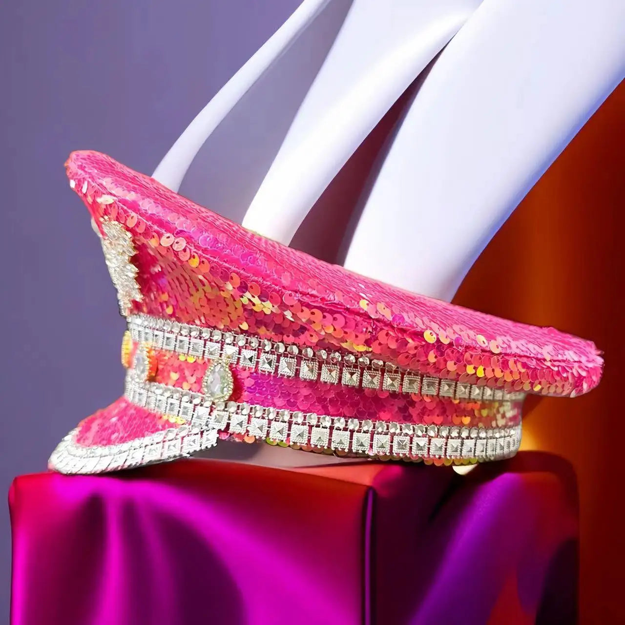 Pink Sequin Rhinestone Military Cap - Festigal