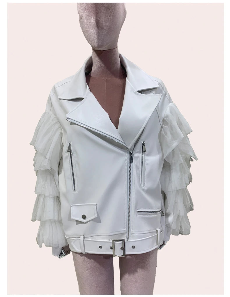 Faux Leather Ruffle Sleeve Jacket - Festigal