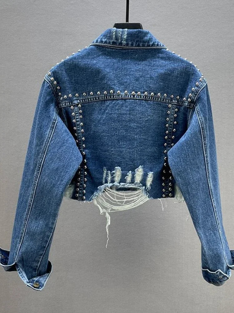 Denim Studded Distressed Cropped Jacket - Festigal