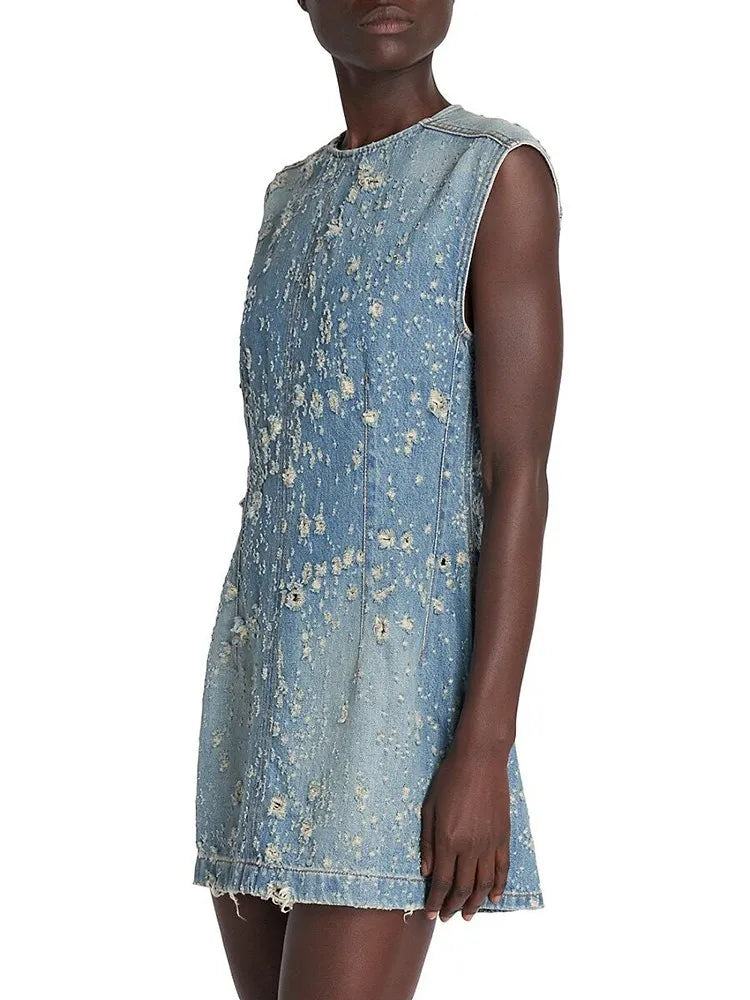 Distressed Denim A-Line Dress - Festigal