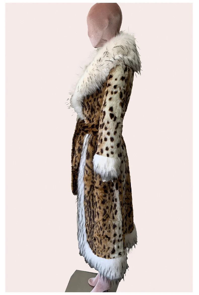 Long Faux Fur Leopard Print Coat - Festigal