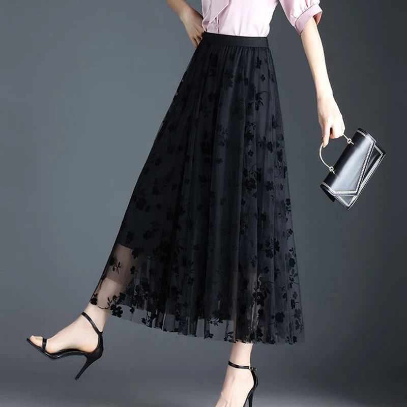 Floral Mesh Midi Skirt - Festigal