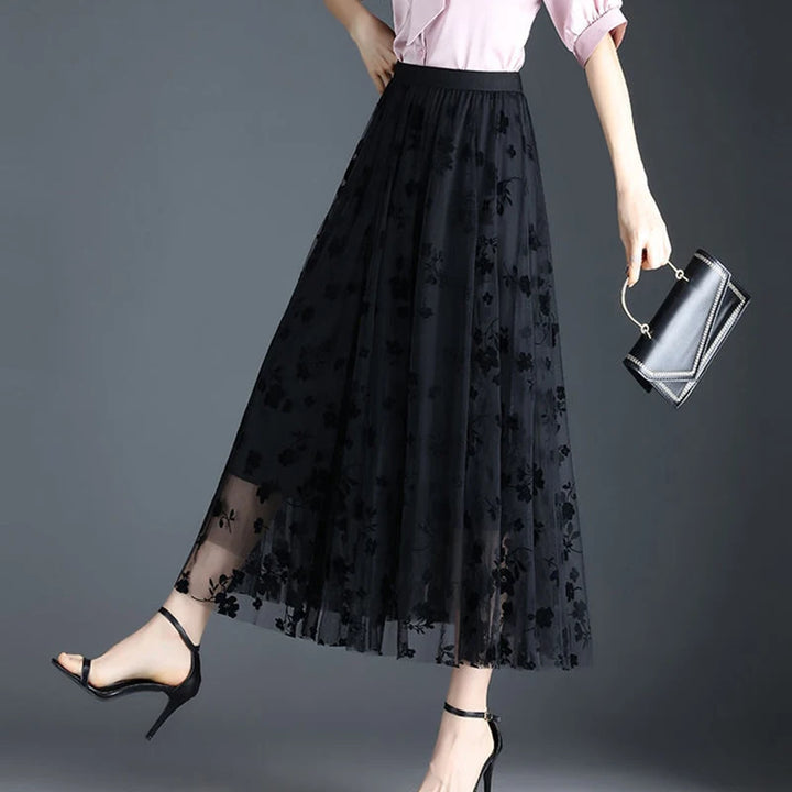 Floral Mesh Midi Skirt - Festigal