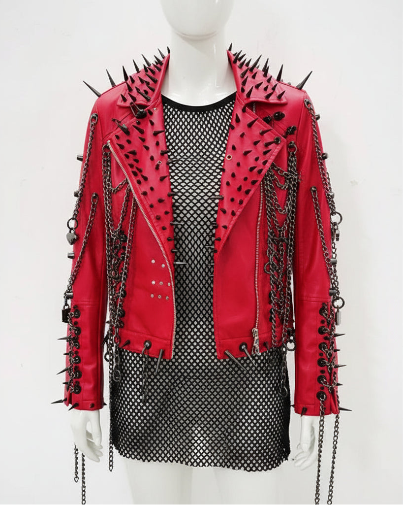 Red Faux Leather Spiked Jacket