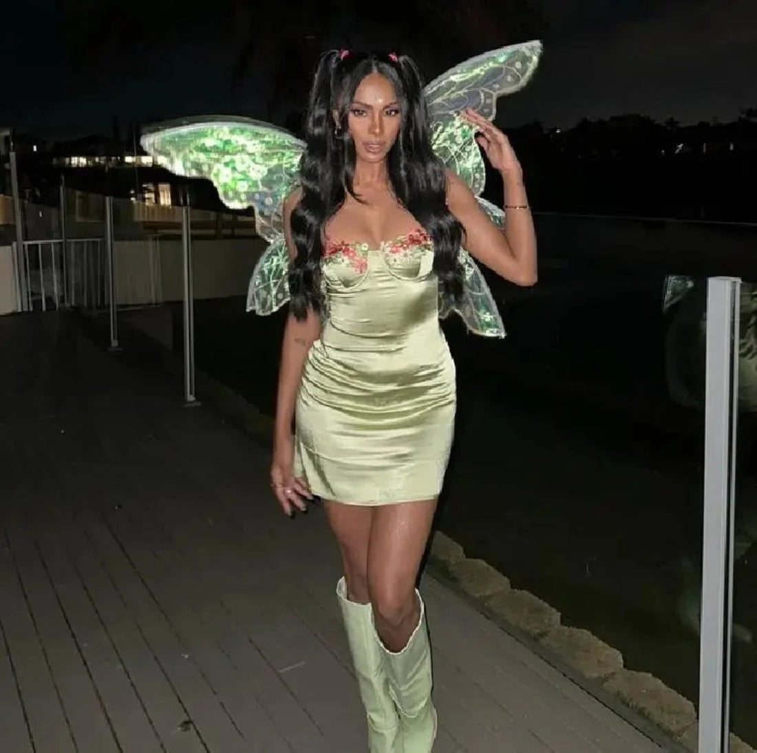 Florally Embroidered Bodice Satin Dress - Festigal