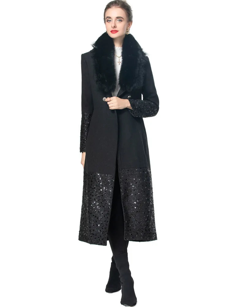 Long Sequin Fur Black Coat - Festigal