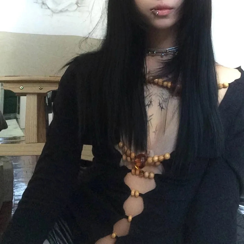 Beaded Hollow Out Long Sleeve Top - Festigal