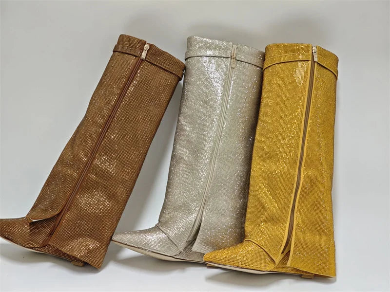Rhinestone Knee High Wedge Boots