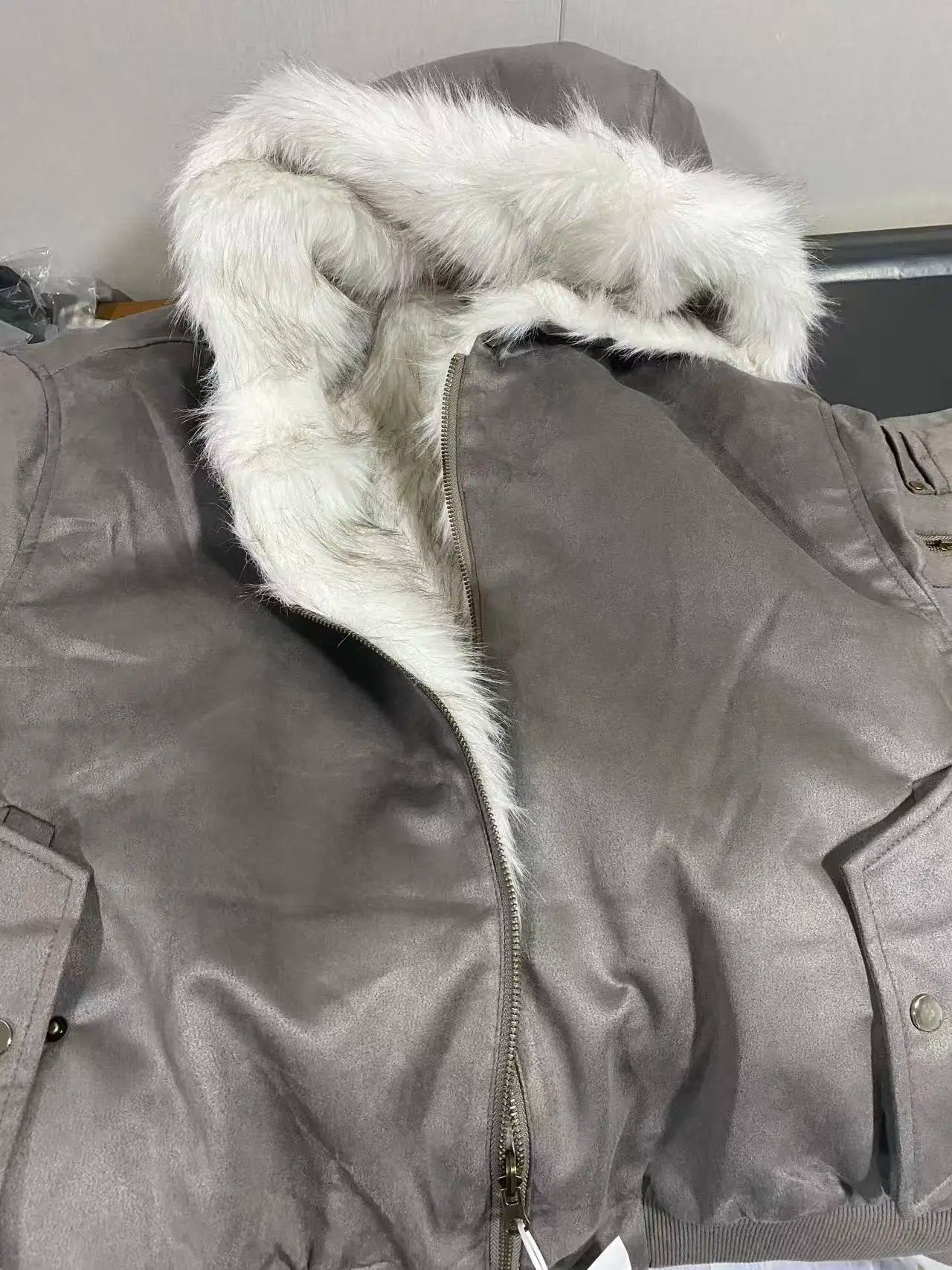 Reversible Grey Padded Faux Fur Jacket - Festigal