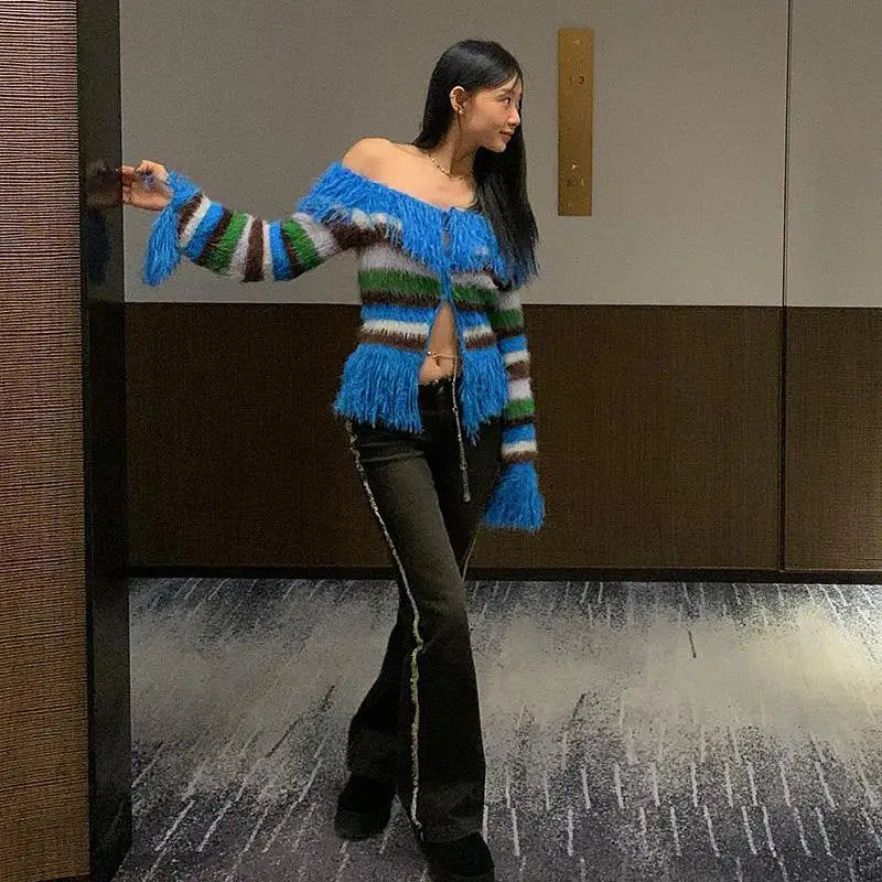 Unusual Slash-Neck Tasselled Cardigan - Festigal